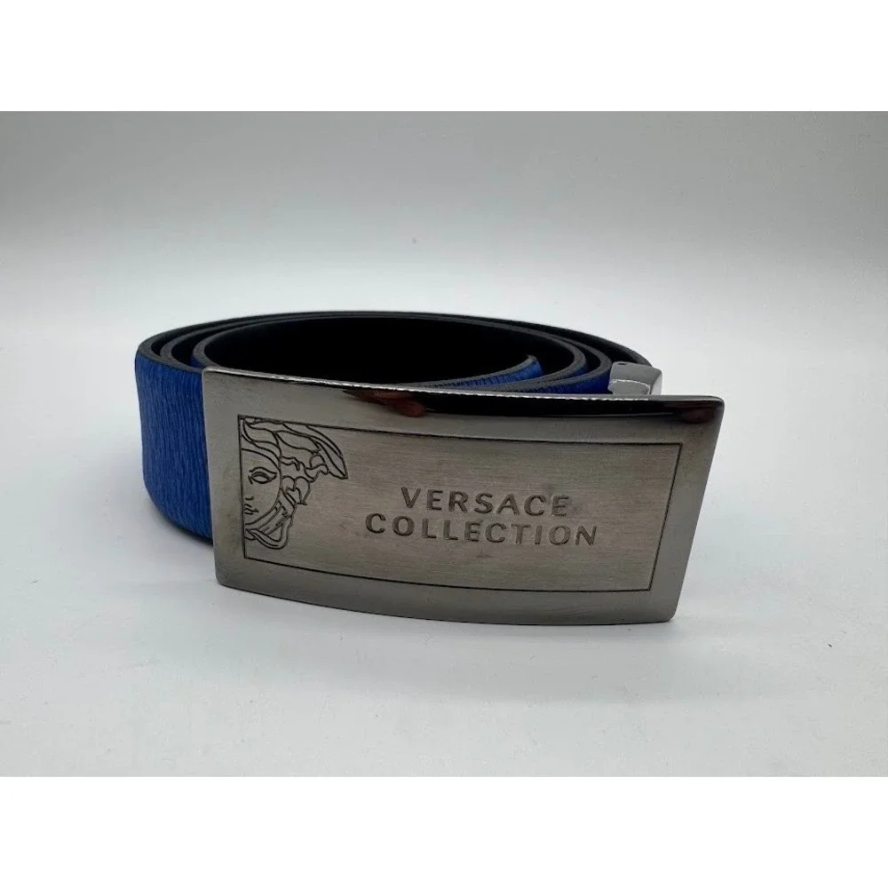 Versace Collection Mens Blue Leather Medusa Plaque Buckle Belt Made in Italy 42